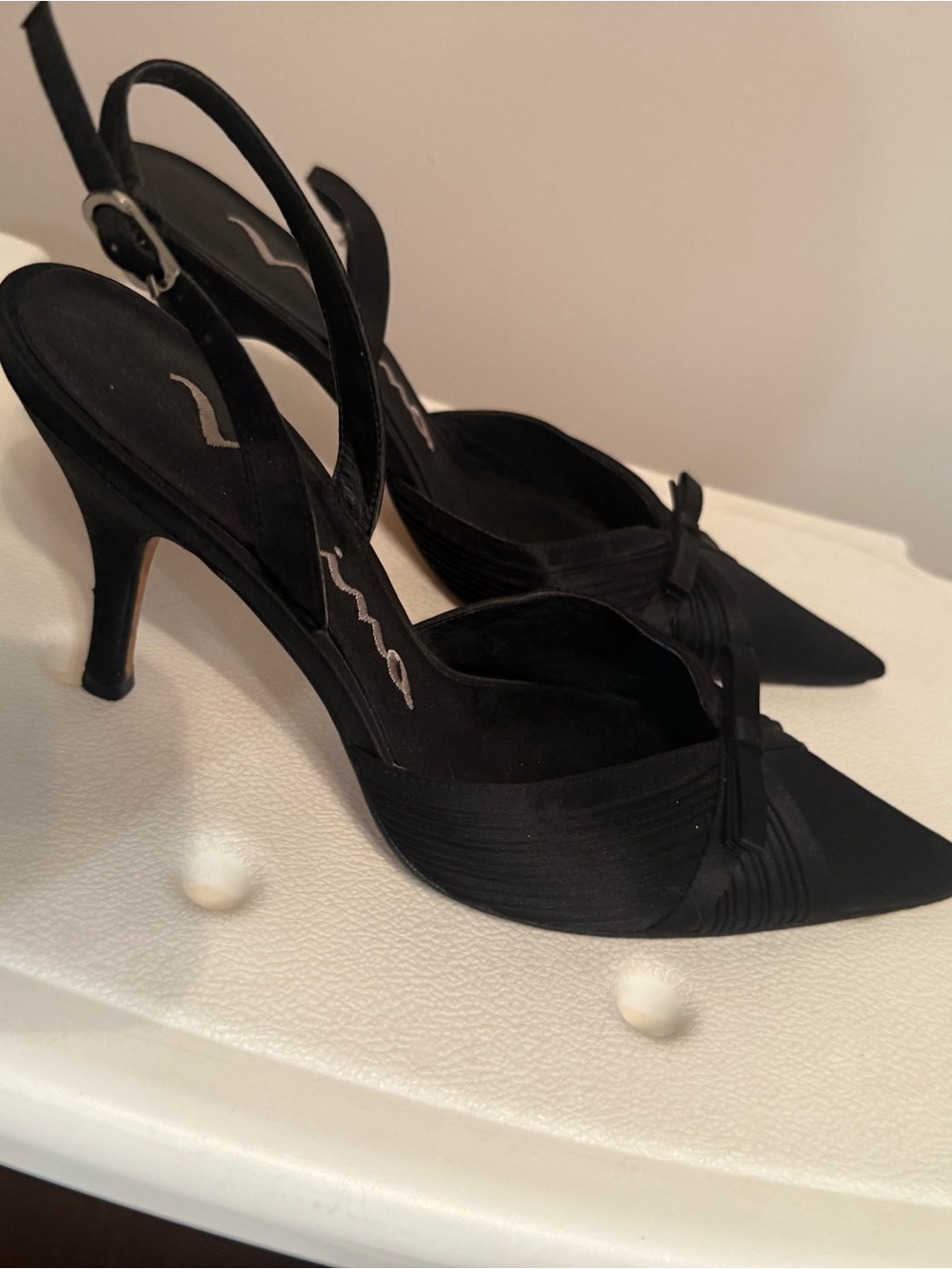 Nina Black Pointed-Toe Slingback Heels